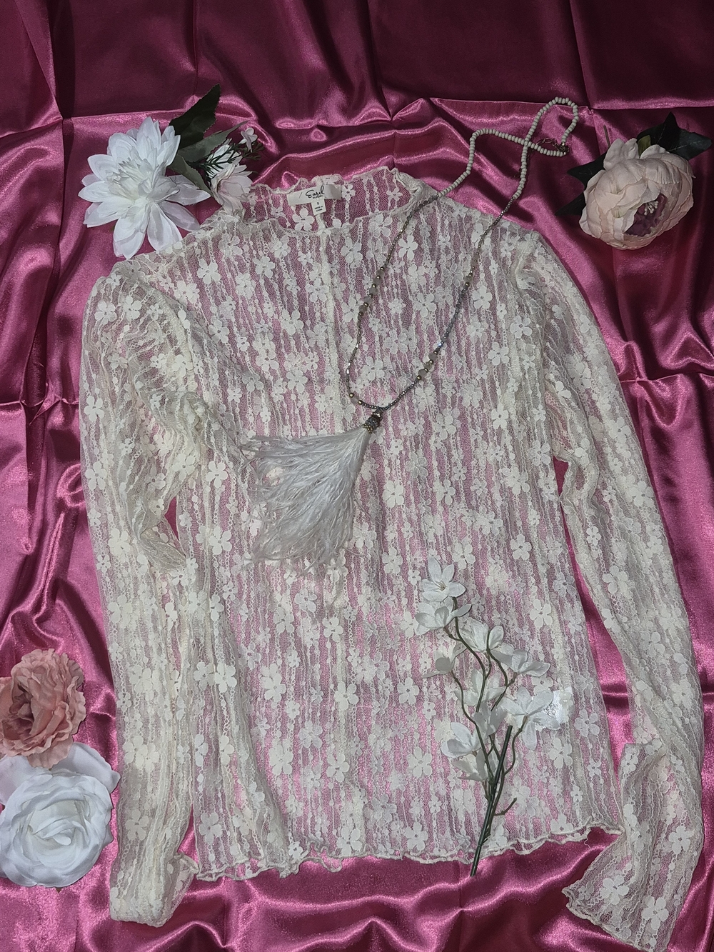 Cream long‑sleeve lace top by Easel